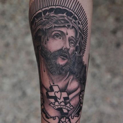 Black and Grey Jesus Tattoo - Lachie Grenfell