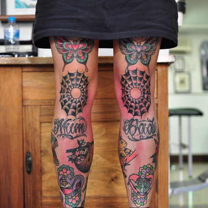 Fresh and Healed Spider Web Knee Tattoo's By Mark Lording