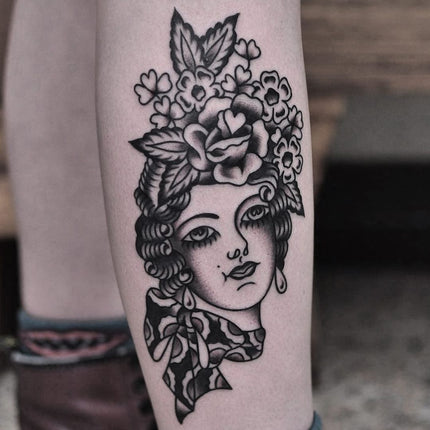 Traditional Flower Head Tattoo By Lachie Grefell