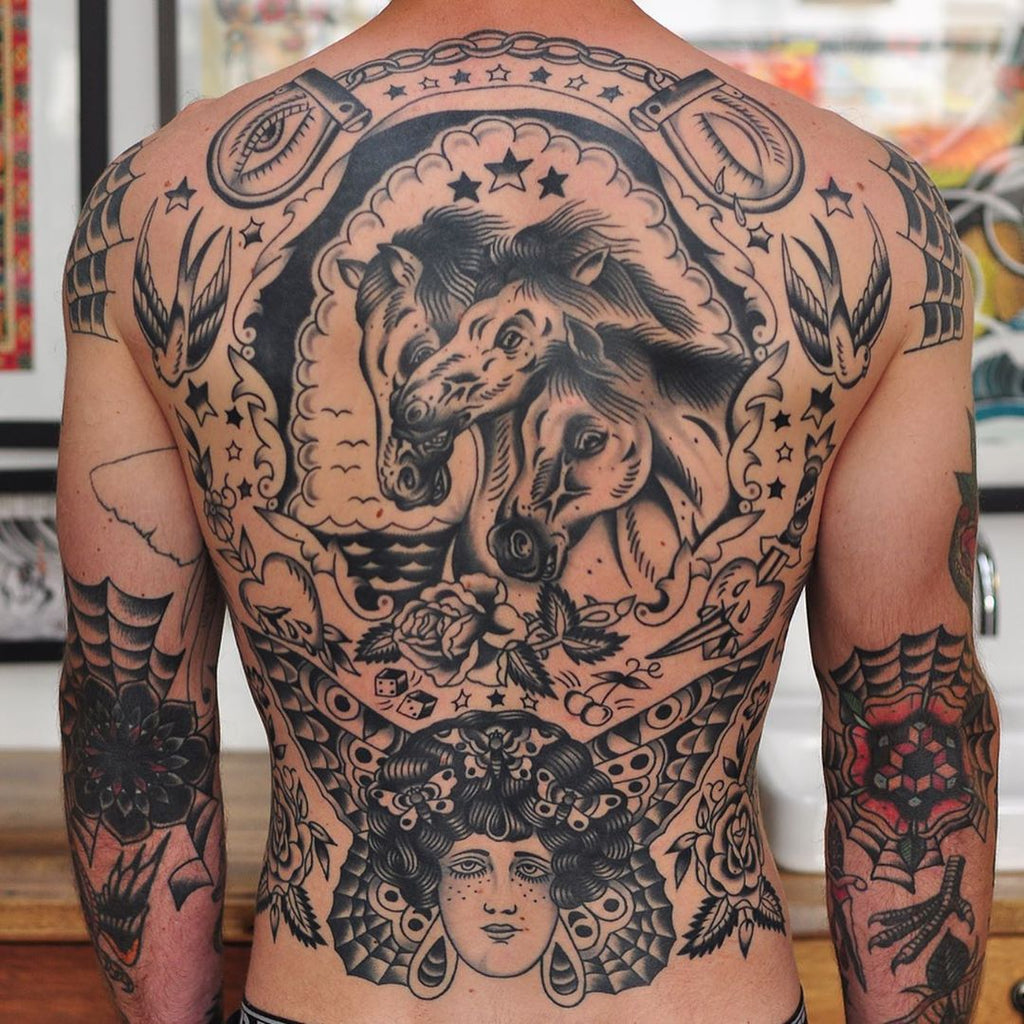 Traditional Blackwork Back Piece Tattoo Lachie Grenfell Vic Market