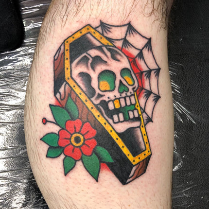 Traditional Skull and Coffin Tattoo by Jackson Liversidge