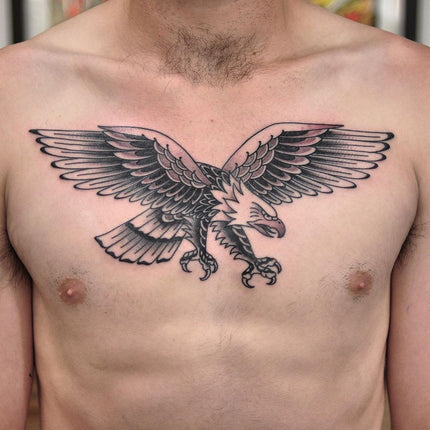 Black and Grey Traditional Eagle Chest Tattoo - Wade Johnston