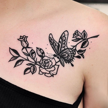 Blackwork Butterfly and Rose Tattoo - Deanna Lee