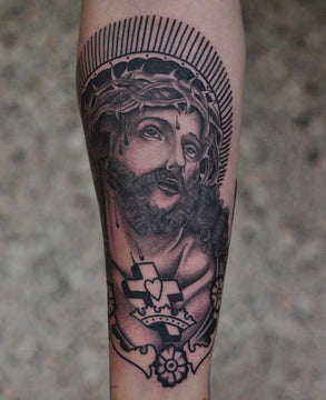Black and Grey Jesus Tattoo - Lachie Grenfell