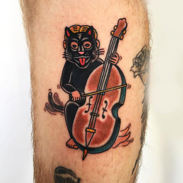 GUITAR AND VIOLIN LEANING AGAINST EACH OTHER WITH ANGLE WINGS tattoo idea |  TattoosAI