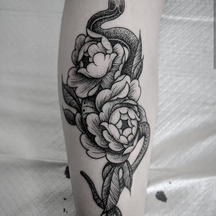 Snake And Peony Tattoo By Chris Jones