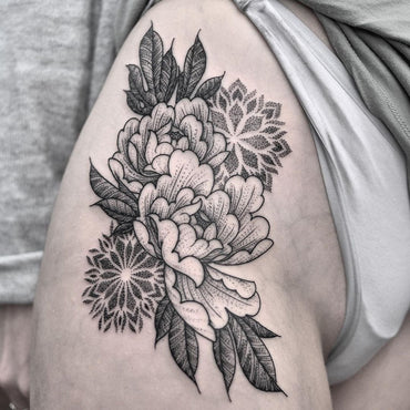 Large Thigh Tattoo of Peonies and Mandalas By Chris Jones