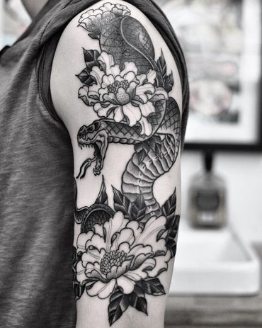 Snake and Peonies Tattoo by Pablo Morte