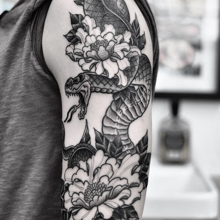 Snake and Peonies Tattoo by Pablo Morte