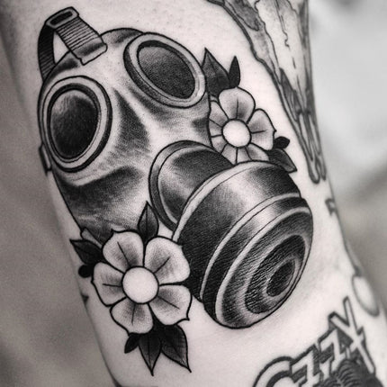 Black and Grey Gas Mask Tattoo By Pablo Morte