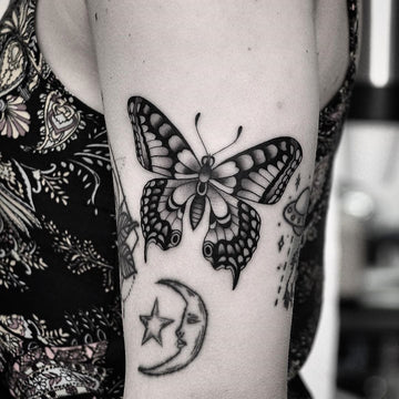 Fine Line Butterfly Tattoo by Lachie Grenfell