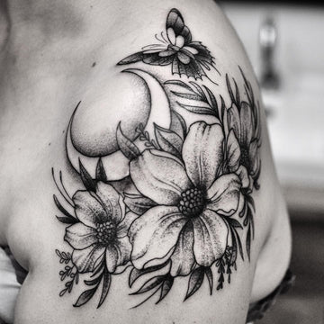 Dotwork Butterfly and Flora Shoulder Tattoo By Pablo Morte