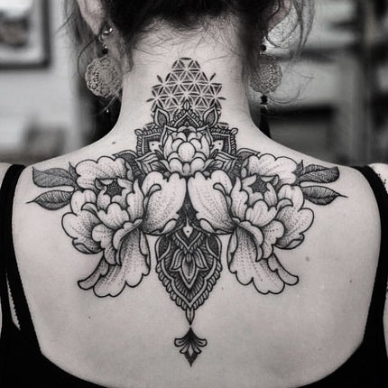 Ornamental Dotwork Upper Back Tattoo by Chris Jones