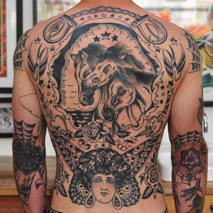 Traditional Blackwork Back Piece Tattoo - Lachie Grenfell