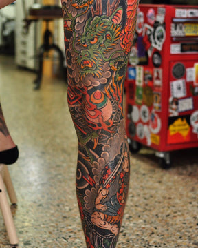 Japanese Dragon Samurai Leg Sleeve Tattoo By Lachie Grenfell