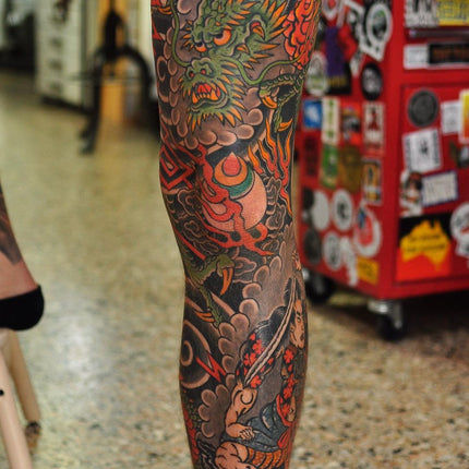 Japanese Dragon Samurai Leg Sleeve Tattoo By Lachie Grenfell
