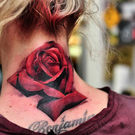 Colour Rose Tattoo on Customers Neck By Wade Johnston