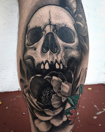 Dotwork Skull and Peony Tattoo - Adrian Dominic