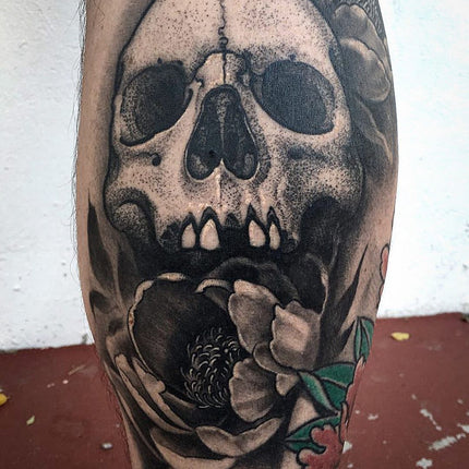 Dotwork Skull and Peony Tattoo - Adrian Dominic