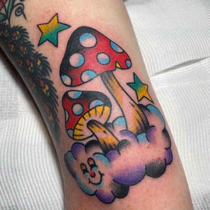 Psychedelic Mushroom Trad Tattoo by Jimmy Lachmund