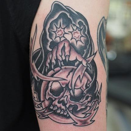 Reaper with a Crystal Ball Tattooed by Lachie Grenfell