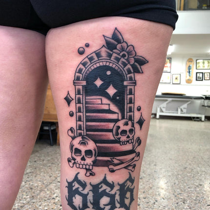 Black and Grey Traditional Portal Tattoo by Jackson Liversidge