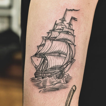 Etching style ship tattoo - Wade Johnston