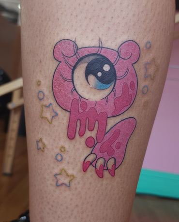 Pastel Pink Gloomy Bear Tattoo by Melbourne Tatoo Artist, Noodle-Chu Osaurus