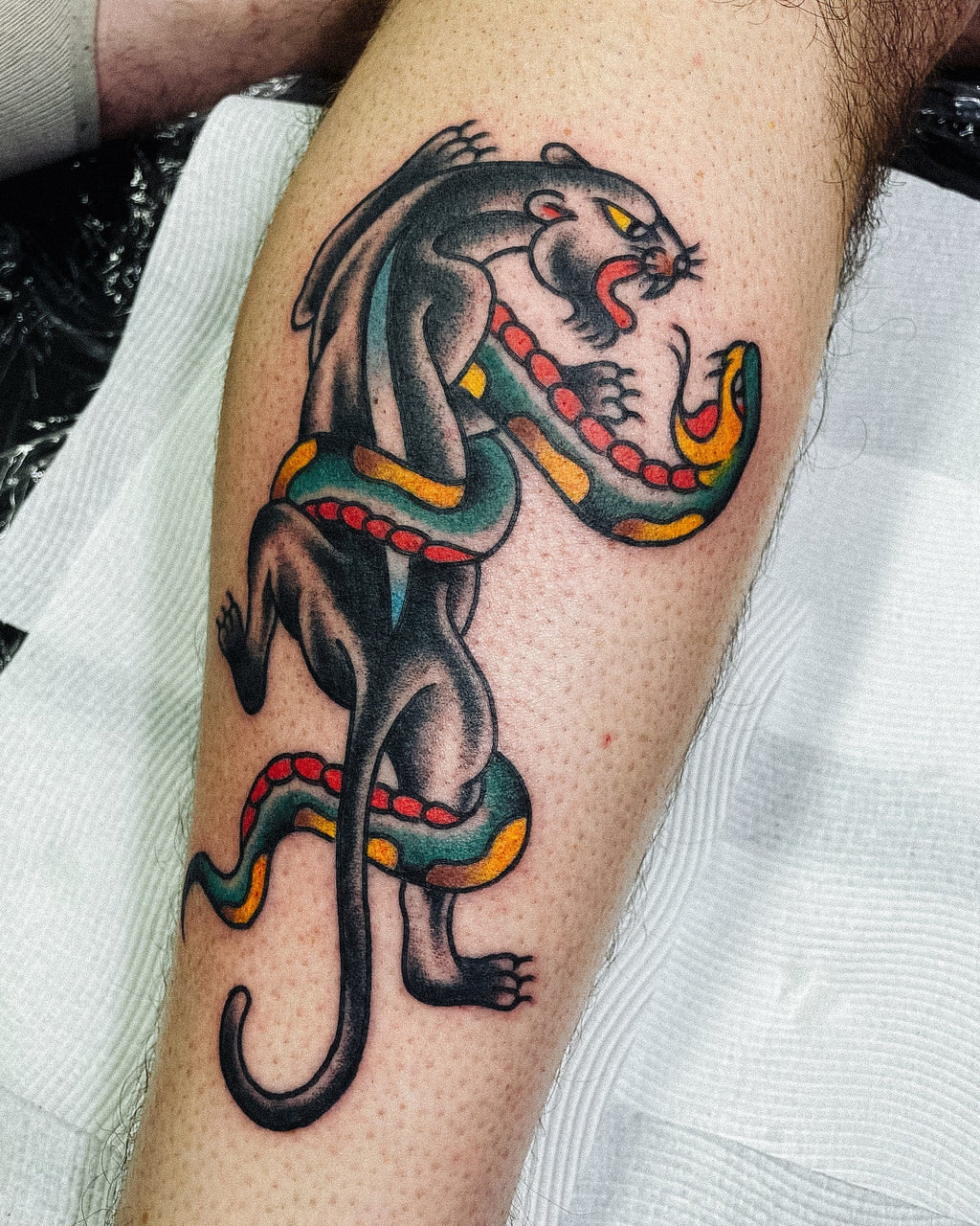 Trad Panther and Snake Tattoo by Jimmy Lachmund Vic Market Tattoo