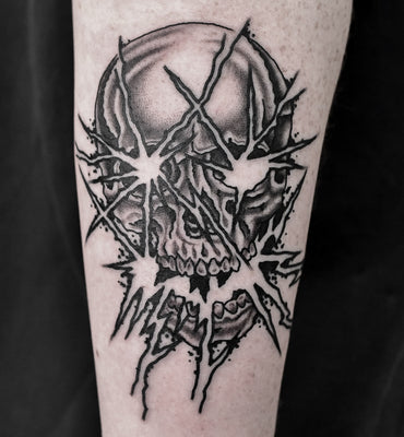 Blackwork Skull Tattoo by Lachie Grenfell